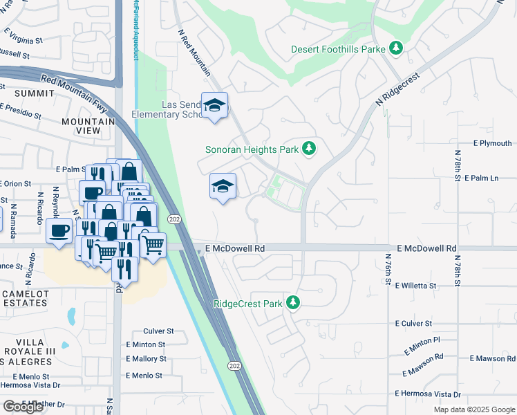 map of restaurants, bars, coffee shops, grocery stores, and more near 2851 North Boulder Canyon in Mesa