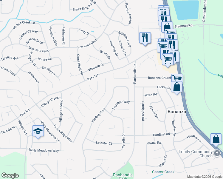 map of restaurants, bars, coffee shops, grocery stores, and more near 10493 Starling Trail in Hampton