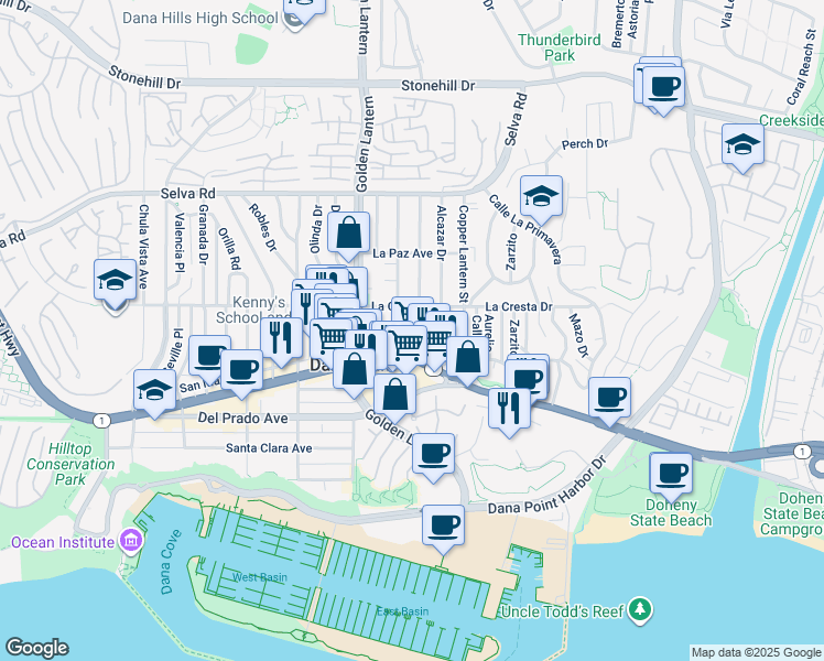 map of restaurants, bars, coffee shops, grocery stores, and more near 34055 Malaga Drive in Dana Point