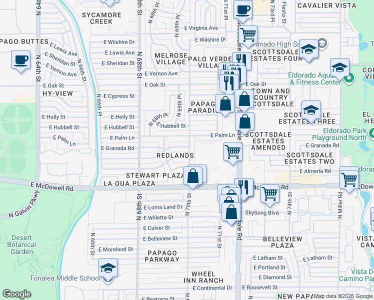 map of restaurants, bars, coffee shops, grocery stores, and more near 1815 North 70th Street in Scottsdale