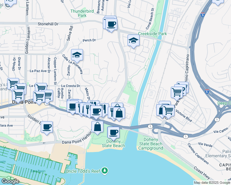 map of restaurants, bars, coffee shops, grocery stores, and more near 34042 Bedford Lane in Dana Point