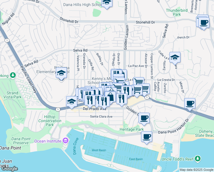 map of restaurants, bars, coffee shops, grocery stores, and more near 34051 Street of the Violet Lantern in Dana Point