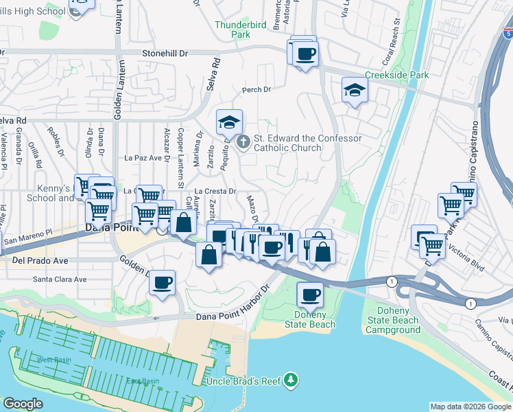 map of restaurants, bars, coffee shops, grocery stores, and more near 34054 Mazo Drive in Dana Point