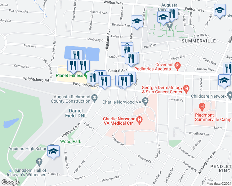 map of restaurants, bars, coffee shops, grocery stores, and more near 1705 Pennsylvania Avenue in Augusta