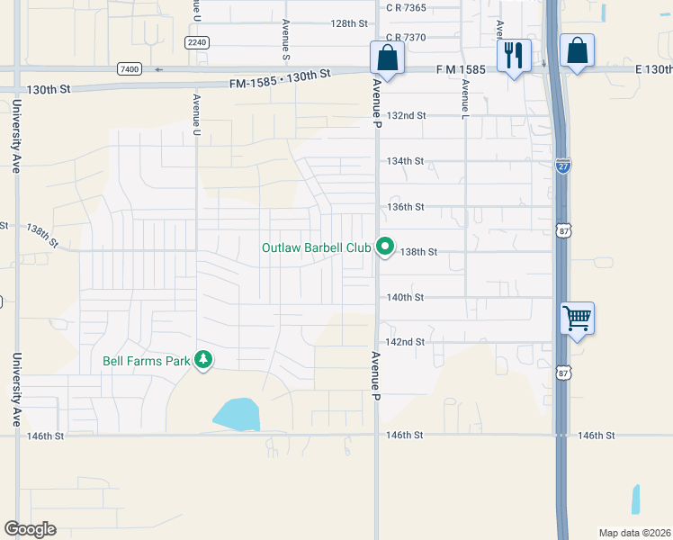 map of restaurants, bars, coffee shops, grocery stores, and more near 13808 Avenue Q in Lubbock