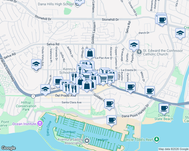 map of restaurants, bars, coffee shops, grocery stores, and more near 34081 Colegio Drive in Dana Point