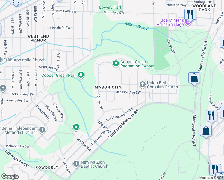 map of restaurants, bars, coffee shops, grocery stores, and more near 1531 Jackson Avenue Southwest in Birmingham