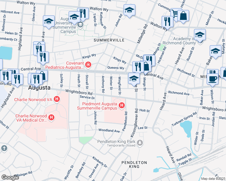 map of restaurants, bars, coffee shops, grocery stores, and more near 2210 Richmond Avenue in Augusta