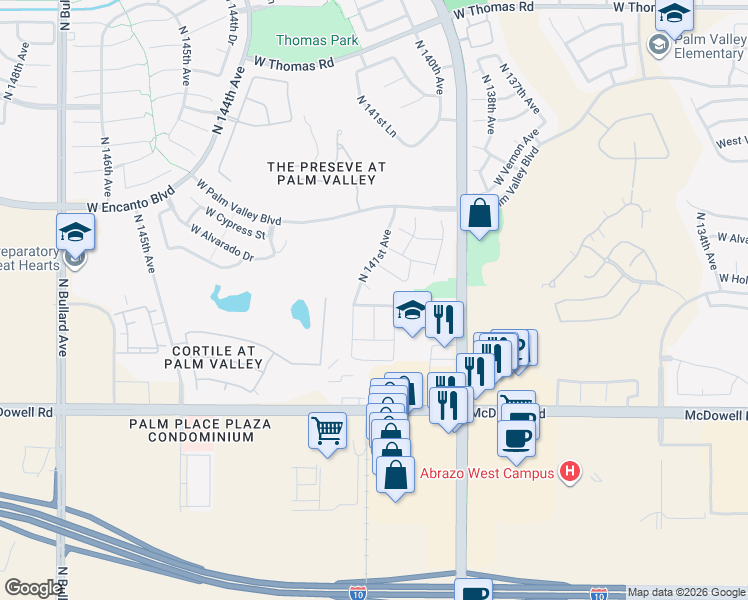 map of restaurants, bars, coffee shops, grocery stores, and more near 1863 North 140th Drive in Goodyear
