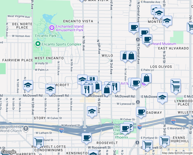 map of restaurants, bars, coffee shops, grocery stores, and more near 334 West Coronado Road in Phoenix