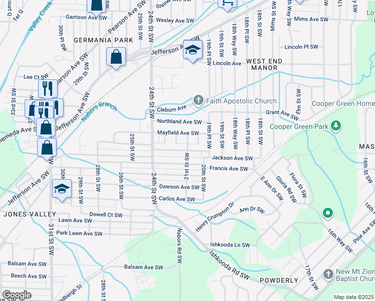 map of restaurants, bars, coffee shops, grocery stores, and more near 1601 21st Street Southwest in Birmingham