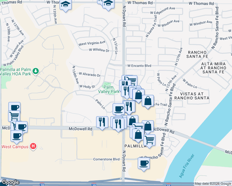 map of restaurants, bars, coffee shops, grocery stores, and more near 13169 West Hubbell Street in Goodyear