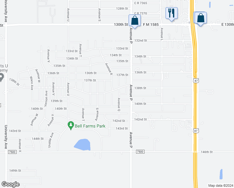 map of restaurants, bars, coffee shops, grocery stores, and more near 13806 Avenue Q in Lubbock