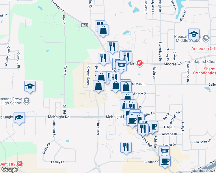 map of restaurants, bars, coffee shops, grocery stores, and more near 4301 Galleria Oaks Drive in Texarkana