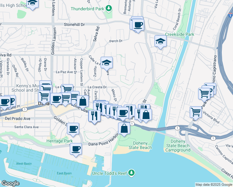 map of restaurants, bars, coffee shops, grocery stores, and more near 34052 Mazo Drive in Dana Point