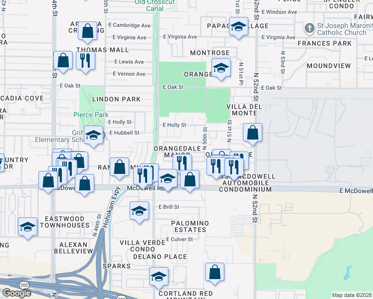 map of restaurants, bars, coffee shops, grocery stores, and more near 4923 East Granada Road in Phoenix