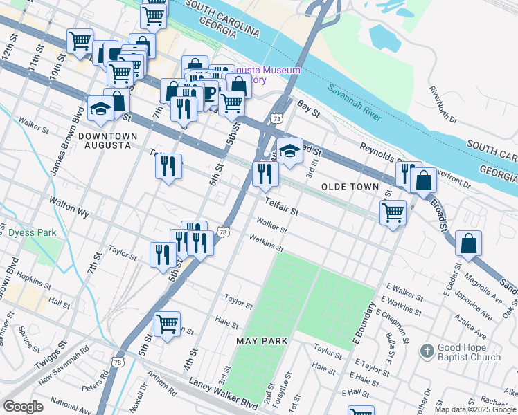 map of restaurants, bars, coffee shops, grocery stores, and more near 323 Walker Street in Augusta