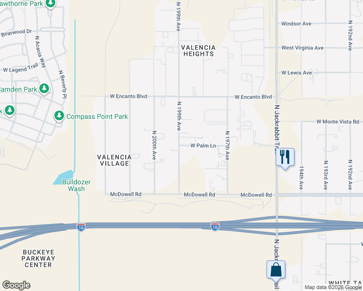 map of restaurants, bars, coffee shops, grocery stores, and more near 21445 West Palm Lane in Buckeye