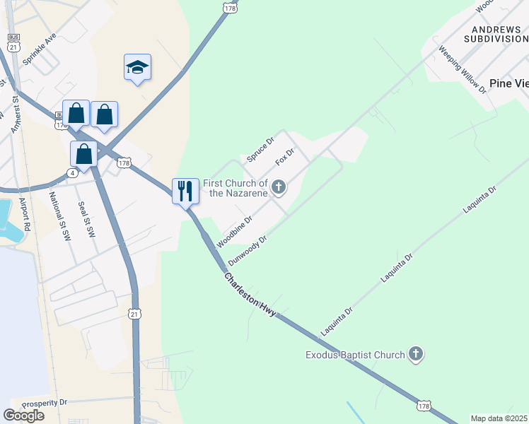 map of restaurants, bars, coffee shops, grocery stores, and more near 330 Woodbine Drive in Orangeburg