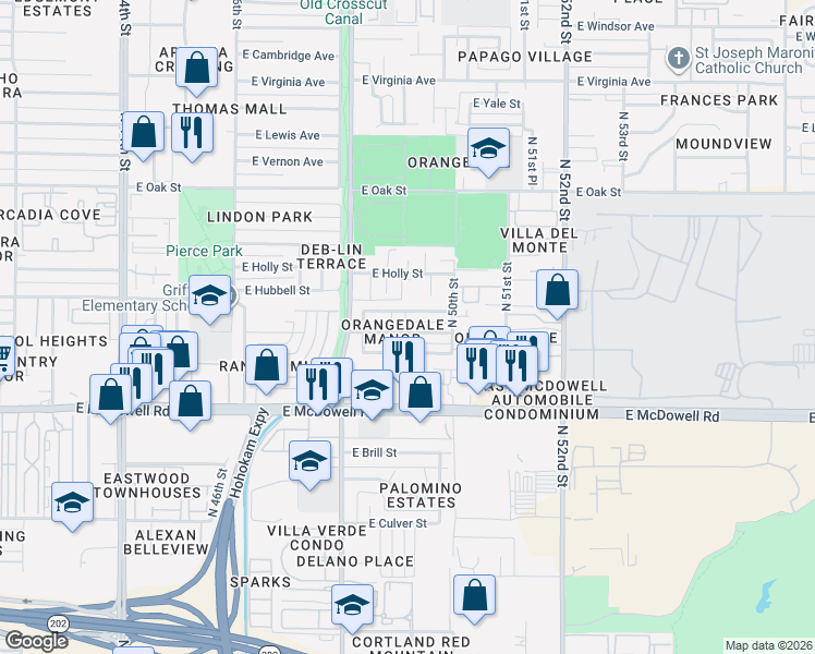map of restaurants, bars, coffee shops, grocery stores, and more near 4845 East Granada Road in Phoenix