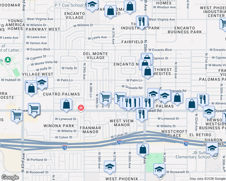 map of restaurants, bars, coffee shops, grocery stores, and more near 3645 West Berkeley Road in Phoenix
