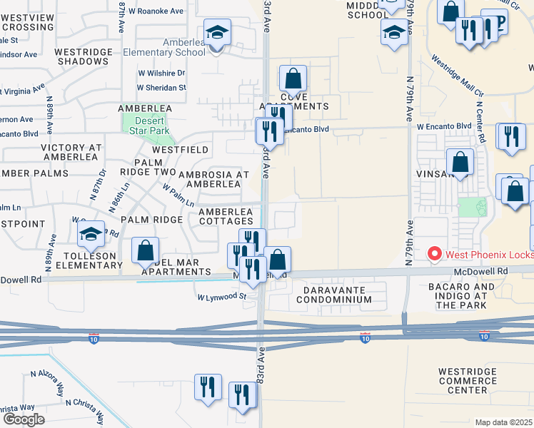 map of restaurants, bars, coffee shops, grocery stores, and more near 1881 North 83rd Avenue in Phoenix