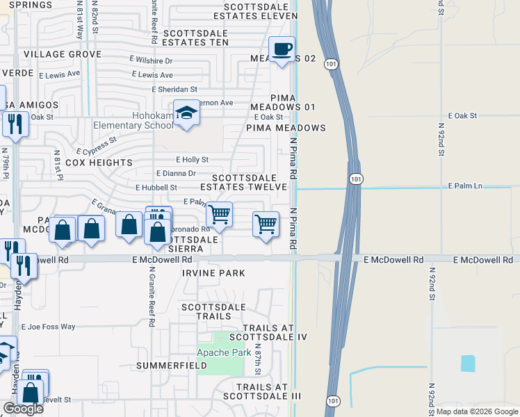 map of restaurants, bars, coffee shops, grocery stores, and more near 1656 North 87th Place in Scottsdale