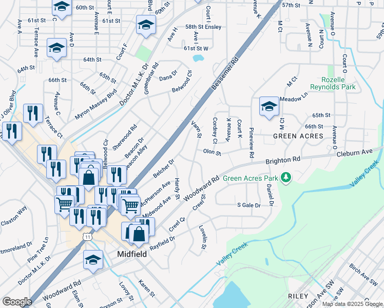map of restaurants, bars, coffee shops, grocery stores, and more near 118 Vann Street in Birmingham