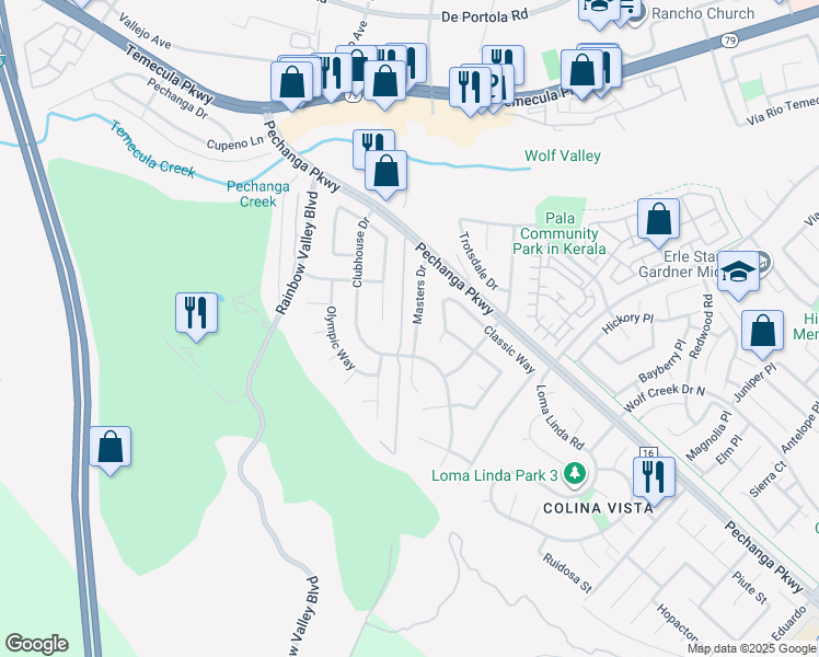 map of restaurants, bars, coffee shops, grocery stores, and more near 45597 Masters Drive in Temecula