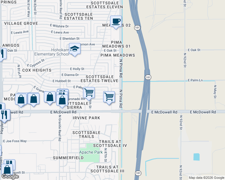map of restaurants, bars, coffee shops, grocery stores, and more near 1650 North 87th Terrace in Scottsdale