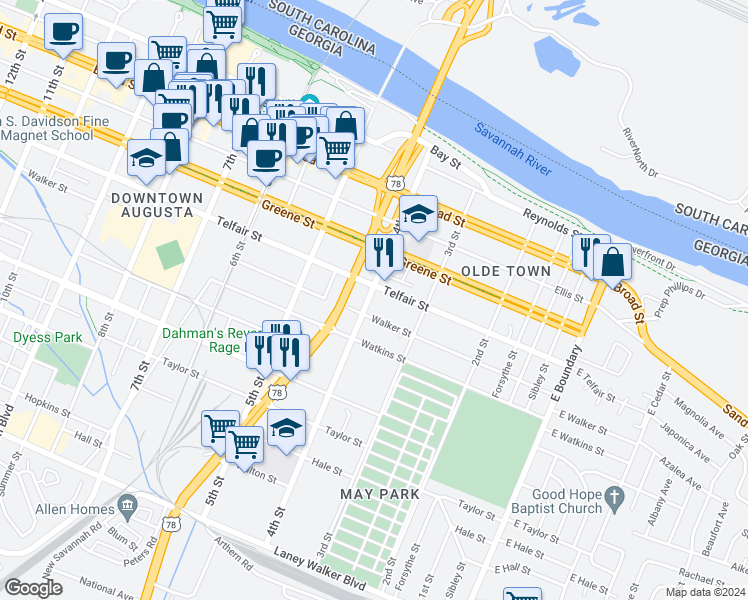 map of restaurants, bars, coffee shops, grocery stores, and more near 514 4th Street in Augusta