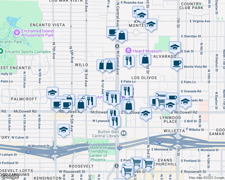 map of restaurants, bars, coffee shops, grocery stores, and more near 1850 North Central Avenue in Phoenix