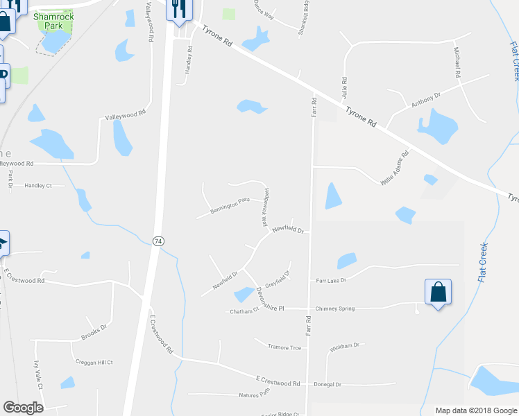 map of restaurants, bars, coffee shops, grocery stores, and more near 100 Bennington Bend in Tyrone