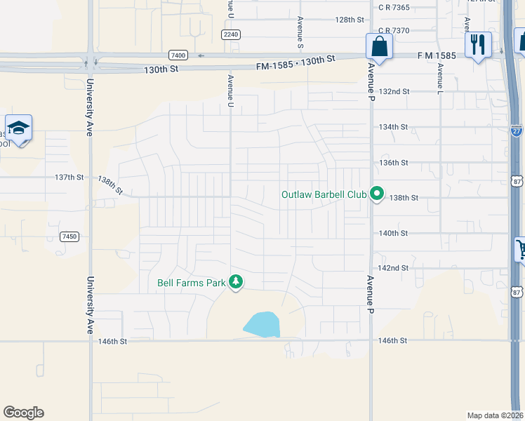 map of restaurants, bars, coffee shops, grocery stores, and more near 2103 139th Street in Lubbock
