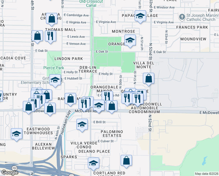 map of restaurants, bars, coffee shops, grocery stores, and more near 4923 East Granada Road in Phoenix
