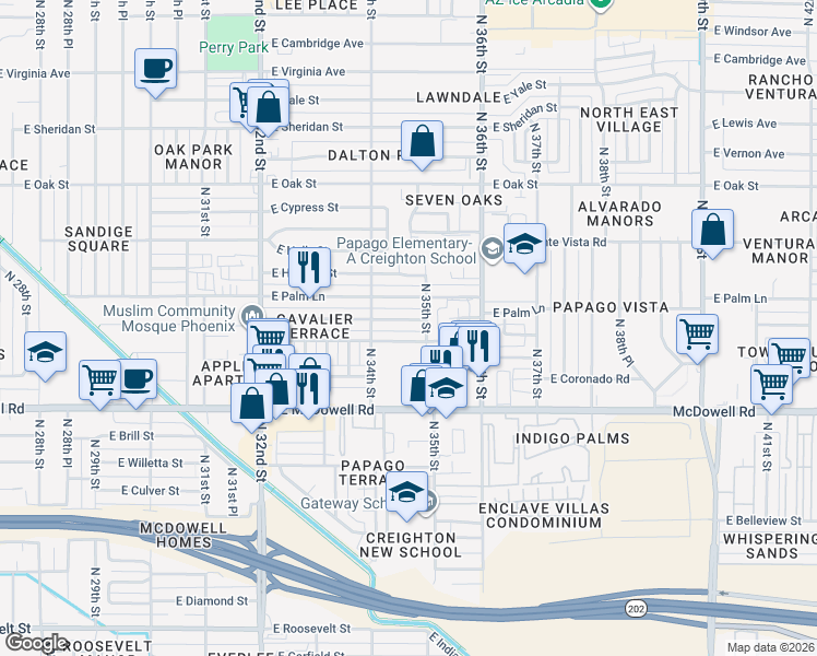 map of restaurants, bars, coffee shops, grocery stores, and more near 3446 East Coronado Road in Phoenix