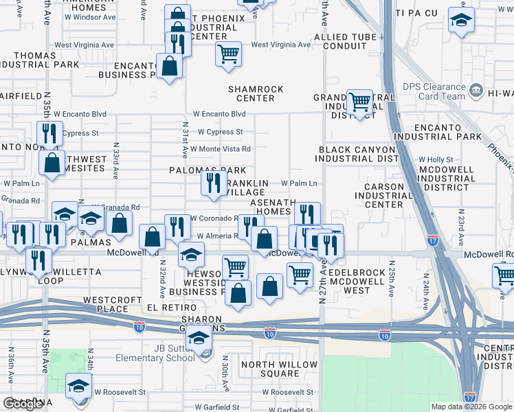 map of restaurants, bars, coffee shops, grocery stores, and more near 2908 West Coronado Road in Phoenix