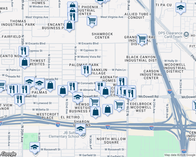 map of restaurants, bars, coffee shops, grocery stores, and more near 2908 West Coronado Road in Phoenix