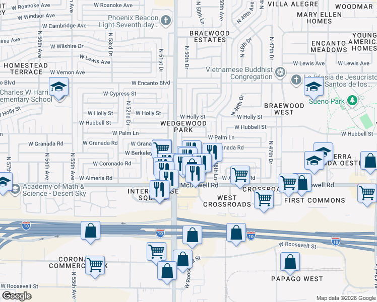 map of restaurants, bars, coffee shops, grocery stores, and more near 4944 West Berkeley Road in Phoenix