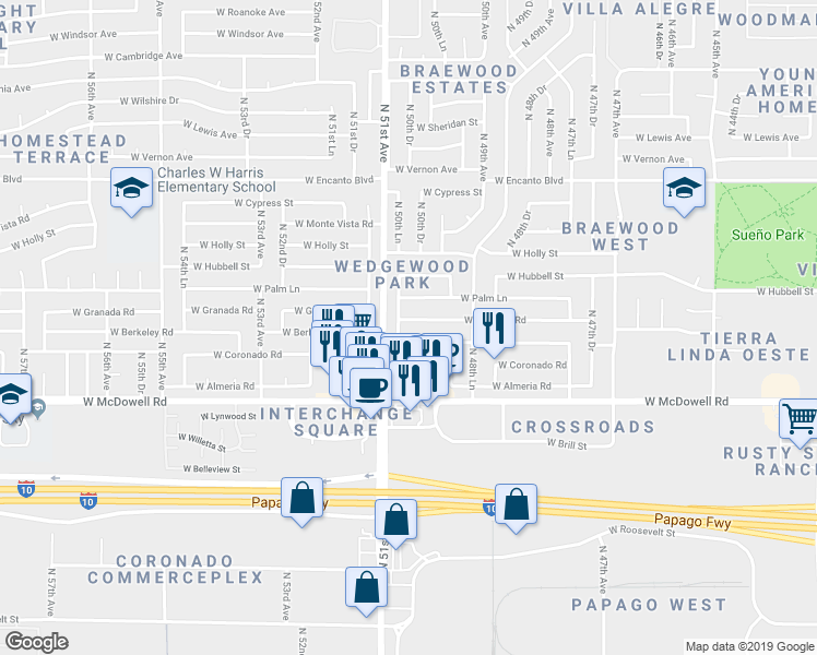map of restaurants, bars, coffee shops, grocery stores, and more near 4944 West Berkeley Road in Phoenix