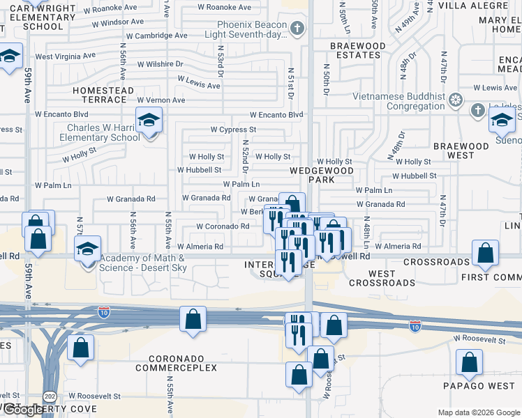 map of restaurants, bars, coffee shops, grocery stores, and more near 5151 West Berkeley Road in Phoenix