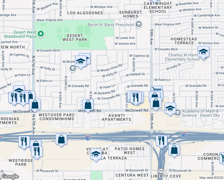 map of restaurants, bars, coffee shops, grocery stores, and more near 6161 West Berkeley Road in Phoenix
