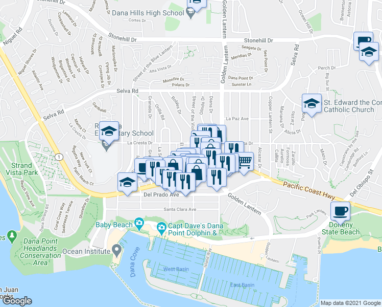 map of restaurants, bars, coffee shops, grocery stores, and more near 34071 Violet Lantern Street in Dana Point