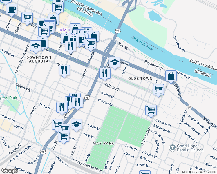 map of restaurants, bars, coffee shops, grocery stores, and more near 323 Walker Street in Augusta