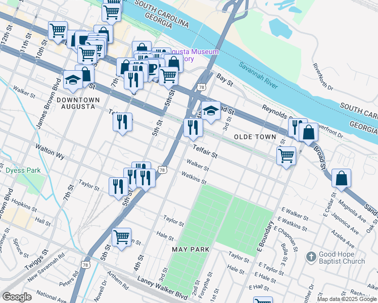 map of restaurants, bars, coffee shops, grocery stores, and more near 323 Walker Street in Augusta