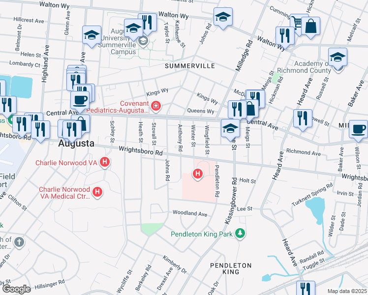 map of restaurants, bars, coffee shops, grocery stores, and more near 1447 Winter Street in Augusta
