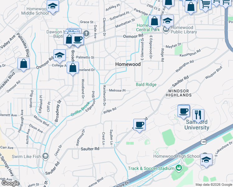 map of restaurants, bars, coffee shops, grocery stores, and more near 1424 Overlook Road in Birmingham