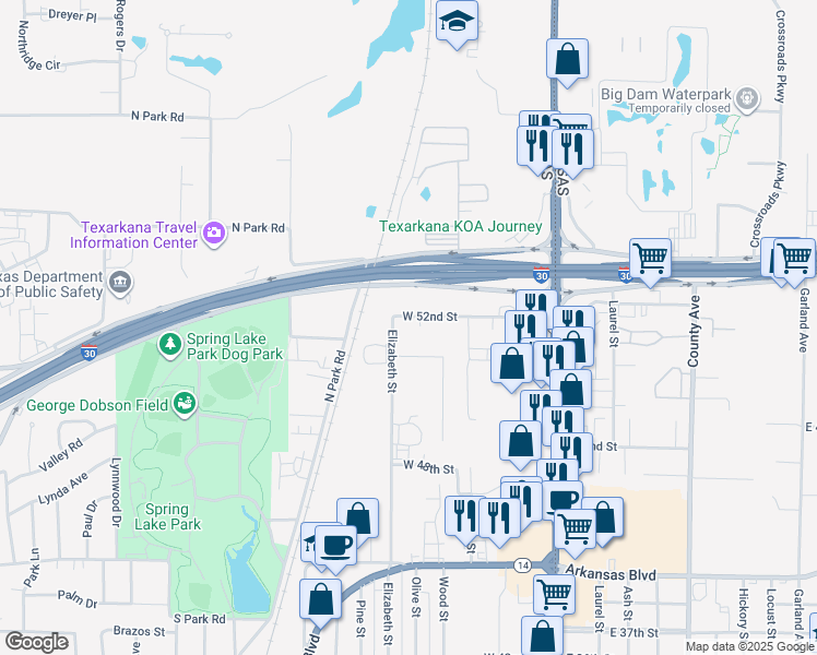 map of restaurants, bars, coffee shops, grocery stores, and more near 5006 Hidden Acres in Texarkana