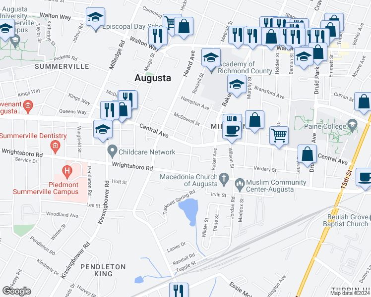 map of restaurants, bars, coffee shops, grocery stores, and more near 2002 Central Avenue in Augusta