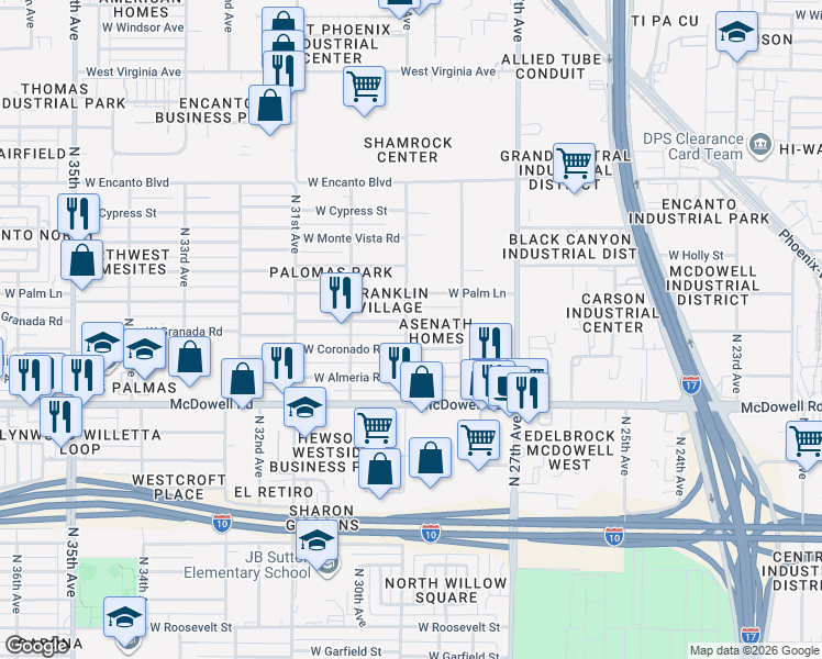 map of restaurants, bars, coffee shops, grocery stores, and more near 2908 West Coronado Road in Phoenix
